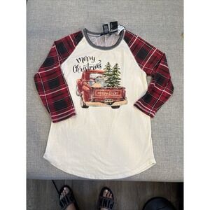 Sable Sky Merry Christmas Raglan Shirt Women's Small Plaid Sleeves Red Truck